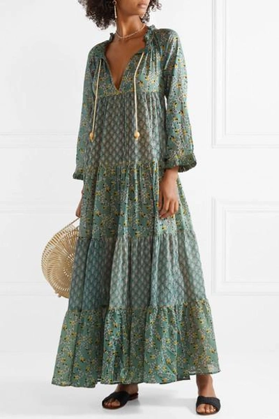 Shop Yvonne S Tiered Printed Cotton-voile Maxi Dress In Green