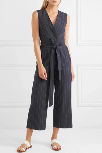 Shop L Agence Joslyn Pinstriped Linen And Cotton-blend Canvas Jumpsuit In Navy