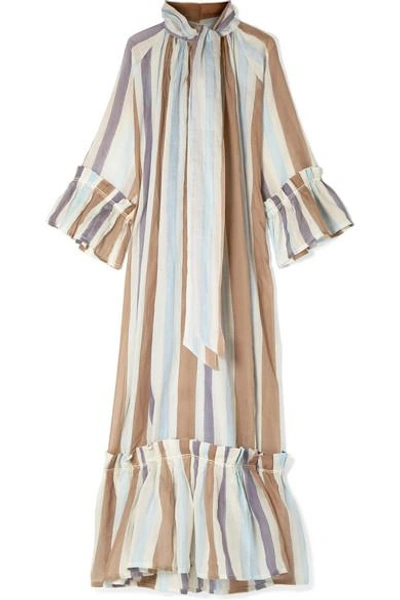 Shop Yvonne S Angelica Tiered Striped Linen Maxi Dress In Blue