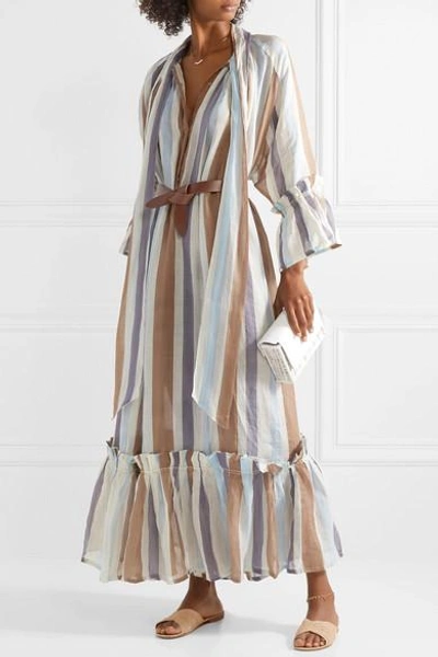 Shop Yvonne S Angelica Tiered Striped Linen Maxi Dress In Blue