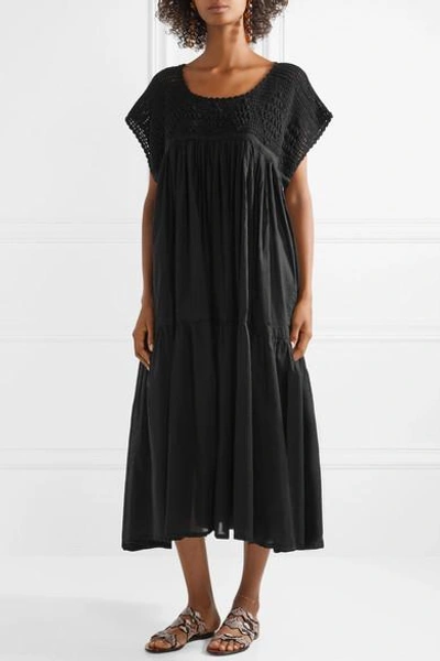 Shop Yvonne S Wind Crochet-knit And Cotton-voile Midi Dress In Black
