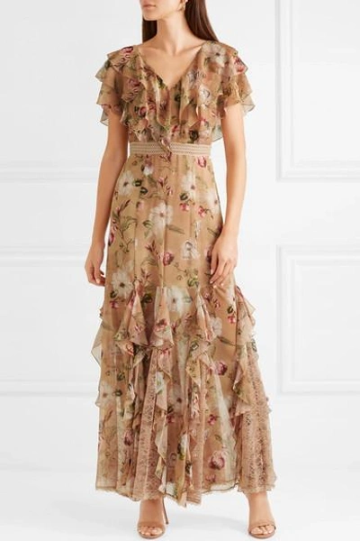 Shop Alice And Olivia Cassidy Ruffled Silk-georgette Maxi Dress In Beige