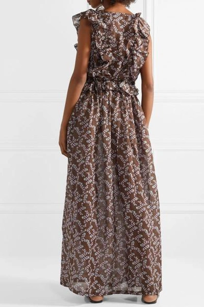 Shop Yvonne S Marie-antoinette Ruffled Floral-print Linen Maxi Dress In Brown