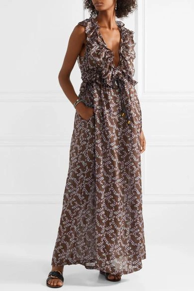 Shop Yvonne S Marie-antoinette Ruffled Floral-print Linen Maxi Dress In Brown