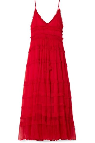 Lee Mathews Eliza Tiered Silk-crepon Maxi Dress In Red