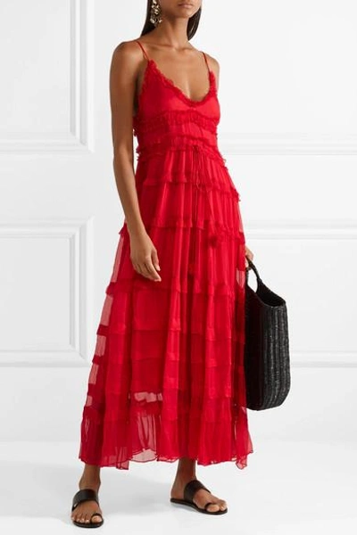 Lee Mathews Eliza Tiered Silk-crepon Maxi Dress In Red