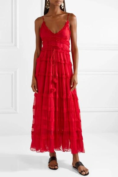 Lee Mathews Eliza Tiered Silk-crepon Maxi Dress In Red