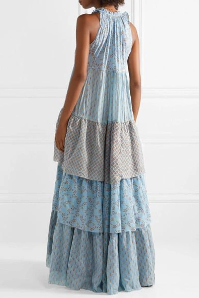 Shop Yvonne S Tiered Printed Cotton-voile Maxi Dress In Light Blue