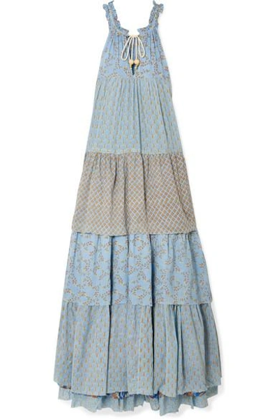 Shop Yvonne S Tiered Printed Cotton-voile Maxi Dress In Light Blue