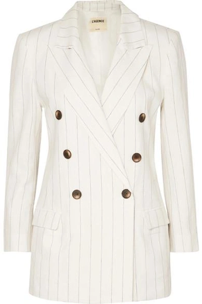 Shop L Agence Brea Pinstriped Linen And Cotton-blend Blazer In White