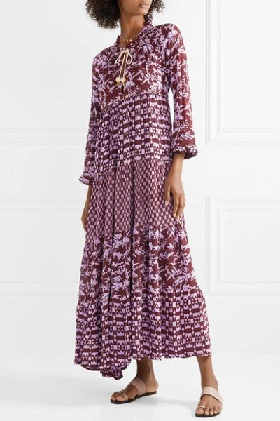Shop Yvonne S Tiered Printed Georgette Maxi Dress In Purple