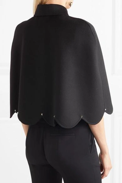 Shop Valentino Studded Scalloped Wool And Cashmere-blend Cape In Black