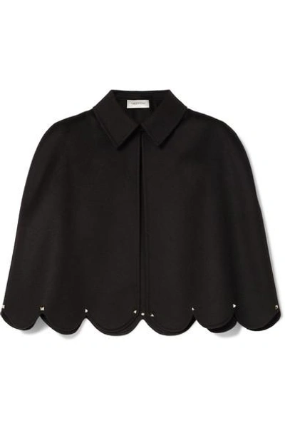 Shop Valentino Studded Scalloped Wool And Cashmere-blend Cape In Black