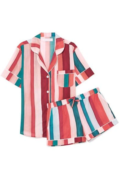 Shop Desmond & Dempsey Striped Cotton-voile Pajama Set In Red