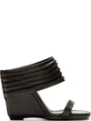RICK OWENS Black Ribbed Leather Ruhlmann Wedge Sandals