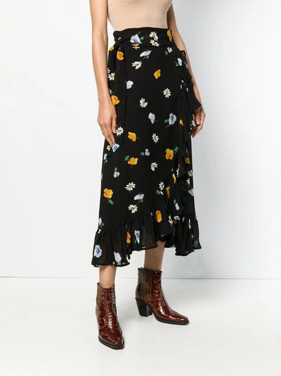 Shop Ganni Floral Wrap Skirt In Black