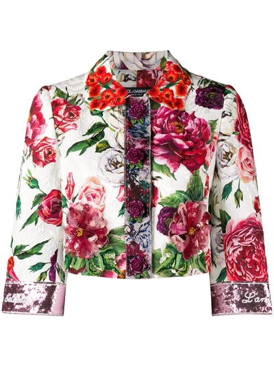 Shop Dolce & Gabbana Peony Print Cropped Jacket - White