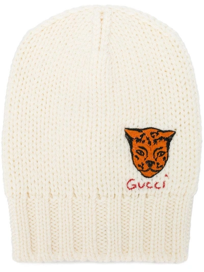 Shop Gucci Tiger Embroidered Knit Beanie - White