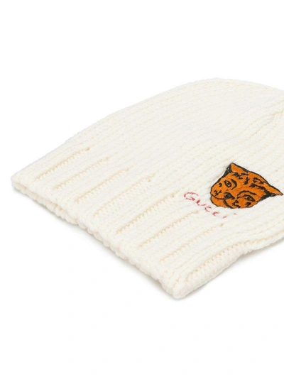 Shop Gucci Tiger Embroidered Knit Beanie - White
