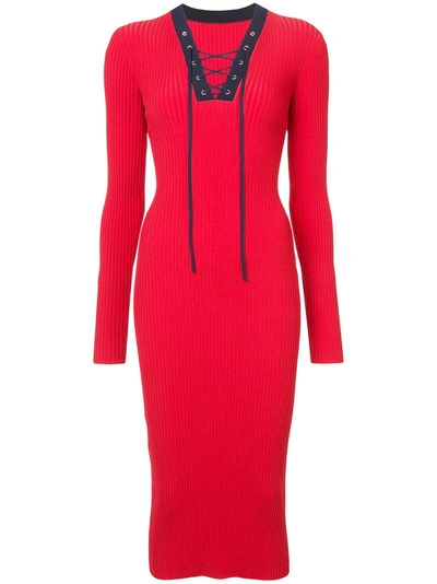 Shop Diane Von Furstenberg Lace Up Ribbed Dress In Red