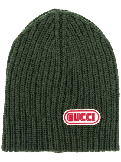 Shop Gucci Logo Patch Beanie - Green