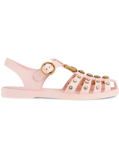 Shop Gucci Rubber Sandal With Crystals - Pink