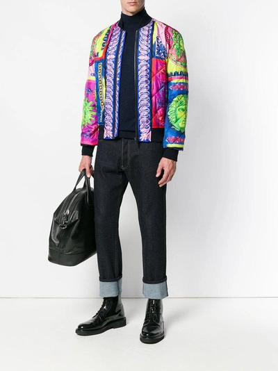 Shop Versace Printed Quilted Bomber Jacket - Blue