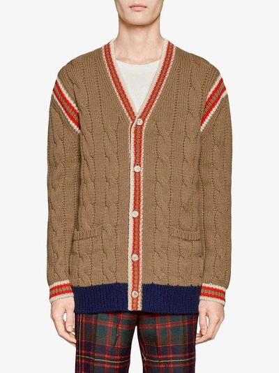 Shop Gucci Cable Knit Wool Cardigan - Brown