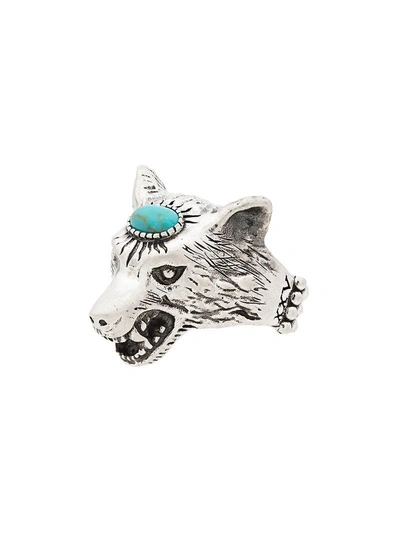Shop Gucci Turquoise Anger Forest Wolf Head Sterling Silver Ring - Metallic