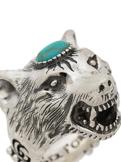 Shop Gucci Turquoise Anger Forest Wolf Head Sterling Silver Ring - Metallic