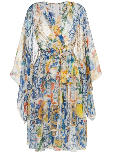 Shop Dolce & Gabbana V-neck Majolica Print Silk Chiffon Dress - Multicolour