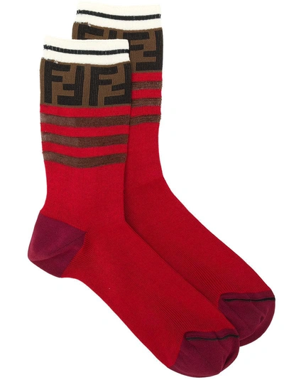 Shop Fendi Striped Ff Logo Socks - Red