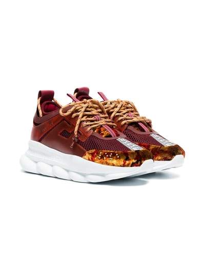 Shop Versace Burgundy Chain Reaction Mesh Velvet Sneakers - Red