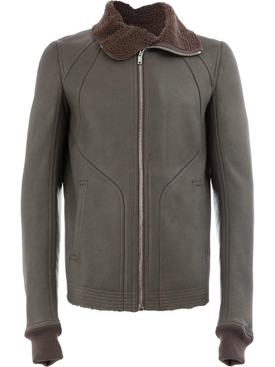 Shop Rick Owens Shearling Leather Jacket - Grey