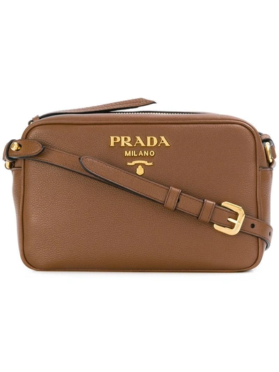 Shop Prada Logo Plaque Shoulder Bag - Brown