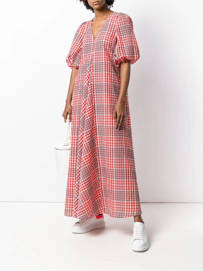 Ganni Checked Cotton-blend Seersucker Maxi Dress In Red | ModeSens