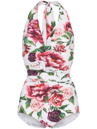 Shop Dolce & Gabbana Peony Print Halterneck Swimsuit - Pink