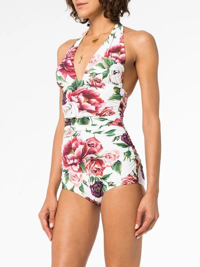 Shop Dolce & Gabbana Peony Print Halterneck Swimsuit - Pink