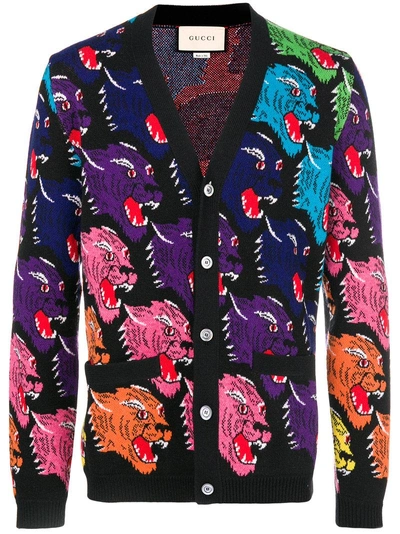 Gucci Angry Tiger Wool Jacquard Cardigan In Black Multi | ModeSens