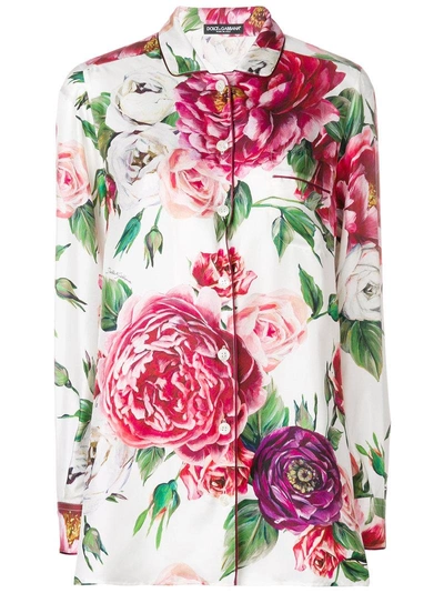 Shop Dolce & Gabbana Peony Print Pyjama Shirt In White