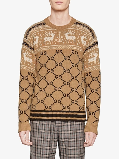 Shop Gucci Gg And Reindeer Jacquard Wool Sweater In Neutrals