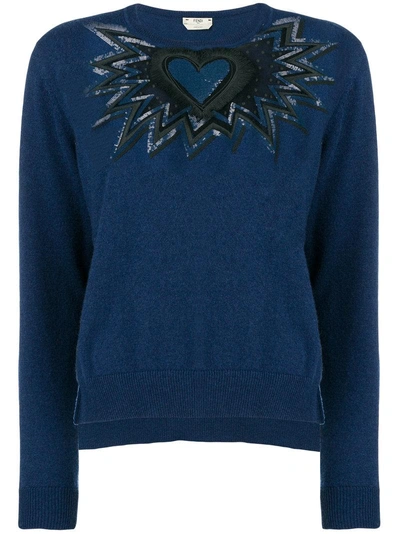 Shop Fendi Cut Out Embroidered Heart Sweater In Blue