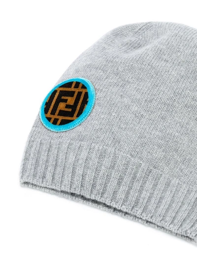 Shop Fendi Ff Logo Patch Beanie - Grey