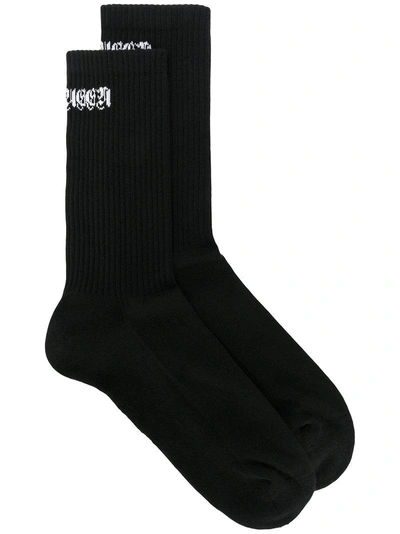 Shop Alexander Mcqueen Ribbed Logo Knit Socks - Black