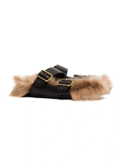 Shop Prada Black Shearling-lined Leather Slide Sandals