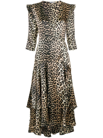 Shop Ganni Leopard Print Wrap Dress In Nude & Neutrals