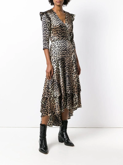 Shop Ganni Leopard Print Wrap Dress In Nude & Neutrals