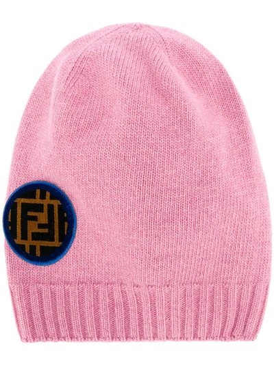 Shop Fendi Ff Logo Patch Beanie - Pink