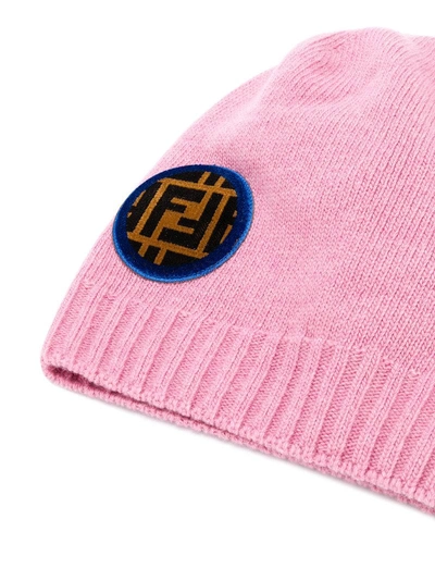 Shop Fendi Ff Logo Patch Beanie - Pink