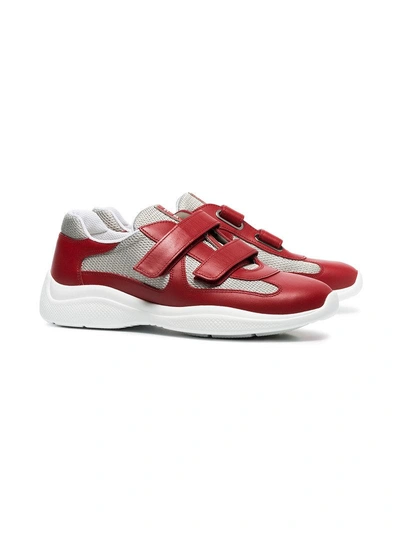 Shop Prada Red, Grey And White America's Cup Leather Sneakers